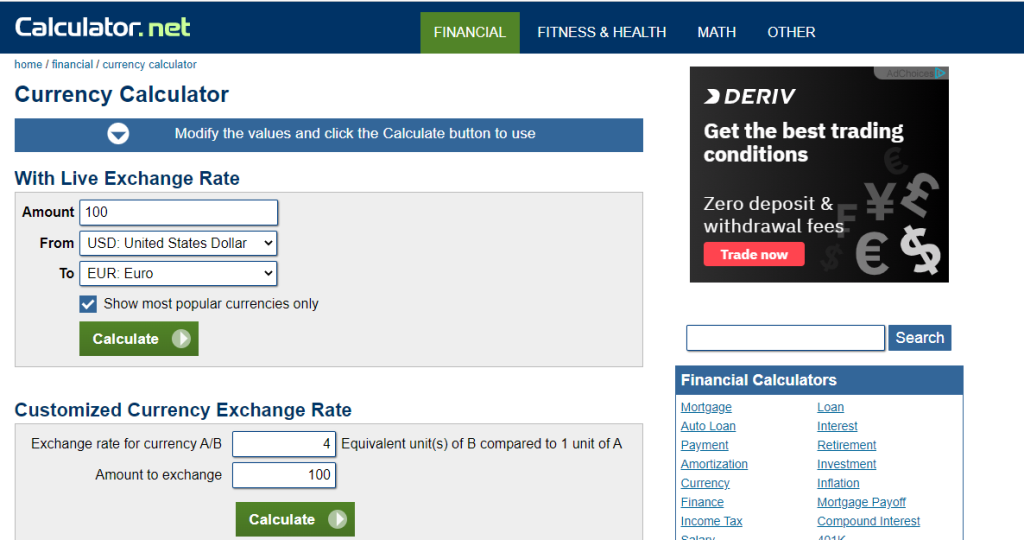 Calculator.net currency convertor