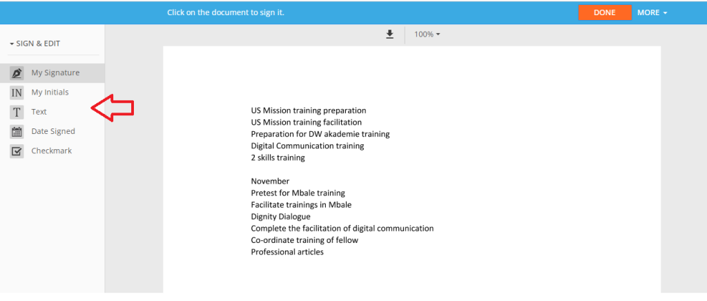 Select to add signature, initials, checkmark  text, date to the document