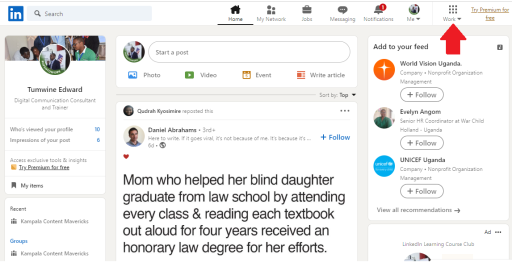 Sign into your LinkedIn account and click on Work in the top right corner