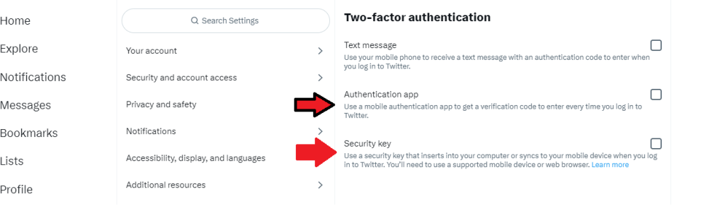 Twitter Two Factor Authentication Options